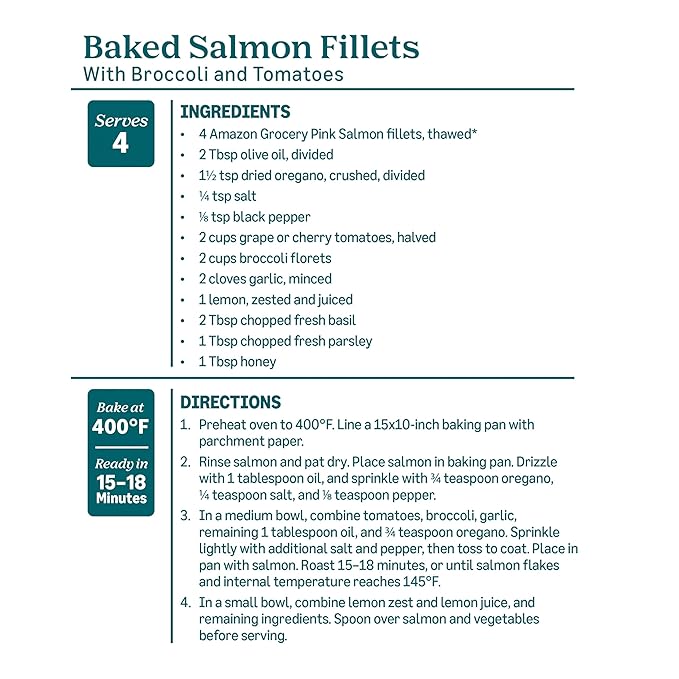 Amazon Fresh Brand, Wild Caught Pink Salmon Skinless Fillet Portions, Frozen, Sustainably Sourced, Phosphate Free, 1 Lb