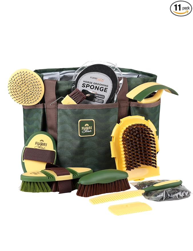 11-Piece Professional Horse Grooming Kit with Waterproof Tote Bag, Non-Slip Silicone Grip Brush Set, Curry Comb, Hoof Pick & Mane Comb Pasture Glow