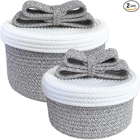 Decorative Storage Baskets with Lids, Small Woven Rope Basket with Lid, Decorative Basket for Home Decor, Dog Toy Storage Baskets with Cute Bow Handle, grayish-brown