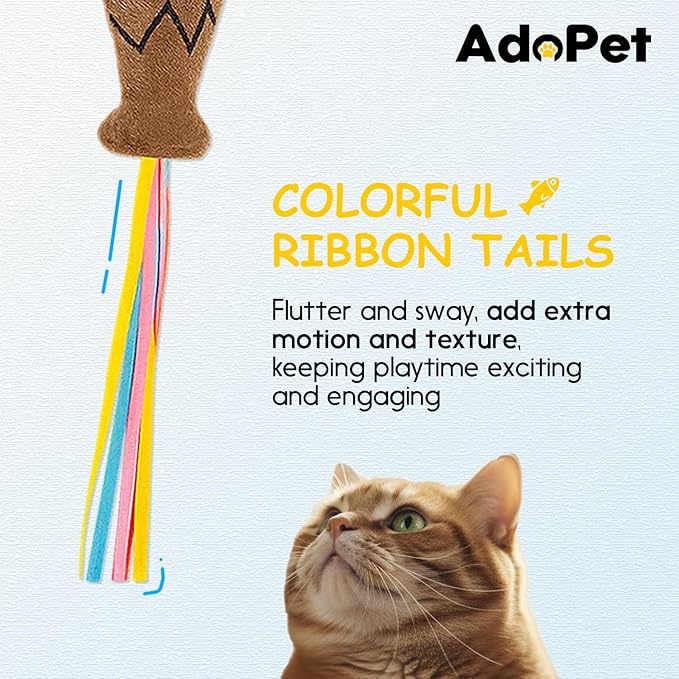 3PCS Interactive Cat Wand Toy with Plush Fish & Colorful Ribbon Tails – Engaging Play and Exercise Teaser Stick for Indoor Cats and Kittens (Brown, Gray, Pink)
