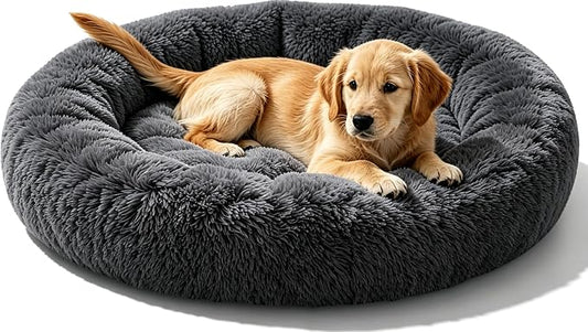 Calming Extra Large Donut Dog Bed, Anti-Anxiety Round Soft Fluffy Plush Faux Fur Washable Anti-Slip Pet Bed for Medium Dogs Up to 45 lbs 32in Darkgray