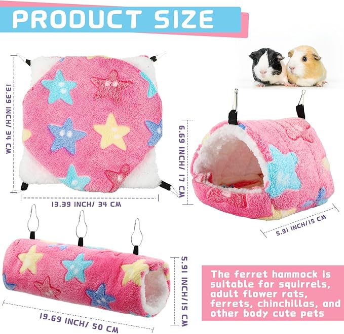 Abbylike 9 Pieces Rat Hammock 3 Tier Guinea Pig Ferret Hammocks Small Pet Hanging Tunnel Glider Toy Guinea Pig Ferret Hideout Bed Cage Accessories for Hamster(Green, Purple, Pink,Star)
