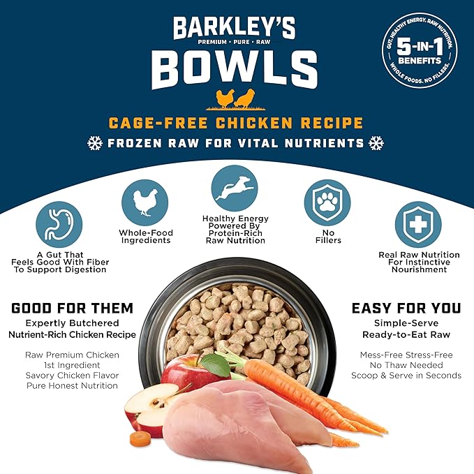 Barkley’s Bowls, Frozen Raw Chicken Dog Food, Fresh Whole Food Ingredients, Cage-Free Chicken, Grain Free, Dog Food Toppers, Human Grade Ingredients, All Dog Breeds, Ages, & Sizes, 4 lb Bag (3 Pack)