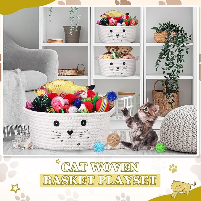 Zopeal 58 Pcs Mother’s Day Cat Storage Basket Gift Toys Set, Colorful Flashing Balls Pet Bell Crinkle Balls Spring Toys Attract Cat to Swat, Hunt, Interactive for Pet(White,9.8 Inch)