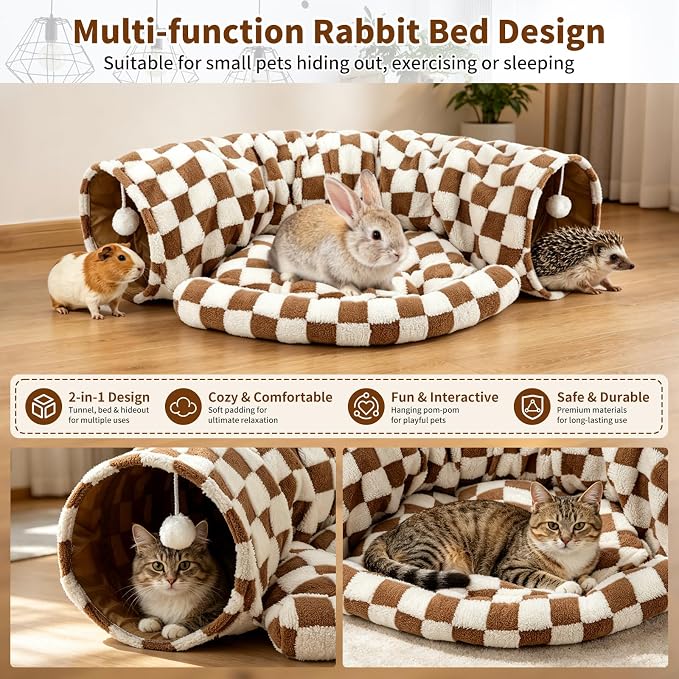BWOGUE Bunny Tunnel Bed, 2-in-1 Collapsible Tunnel Tubes Toys with Removable Mat Hideout for Cats Kittens Rabbits Guinea Pigs Kitty (Brown Checks)