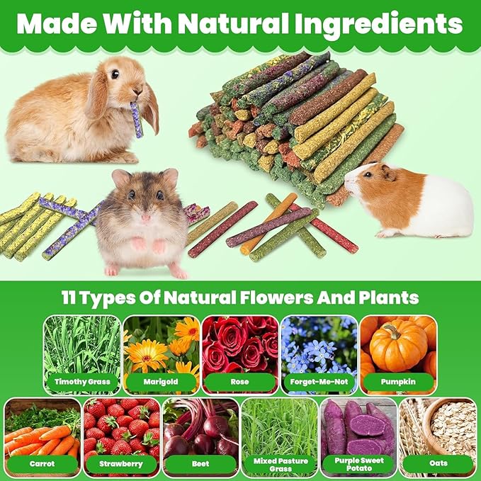 77Pcs Rabbit Chew Sticks, Guinea Pig Toys, 11 Flavors Natural Grass Molar Teeth Stick, Mixing Flowers, Roses, Calendula and Forget Me Not, Small Animals Treats
