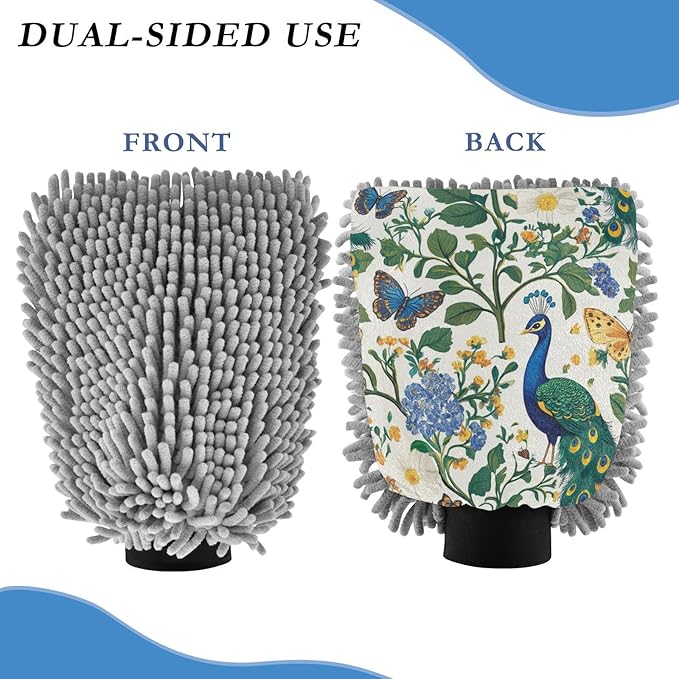Car Wash Mitt Microfiber Wash Mitts for Car Washing Scratch-Free Cleaning Gloves Soft Non Absorbent Chenille Auto Hand Mitt Medium 2Pack White Peacock Butterfly