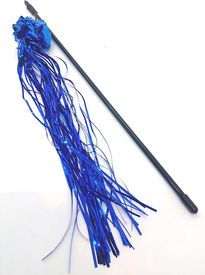 Kats'N Us 10 Inch Mylar Crinkle Ball with Tinsel Teaser Wand Cat Toy - Blue Sparkle, Crinkly, Hunting Instinct Play, Interactive Exercise Attachment for Indoor Cats