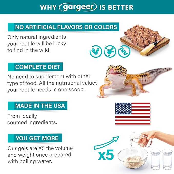 Gargeer Leopard Gecko Food 8oz. Complete Gel Diet for Both Juveniles and Adults. Proudly Made in The USA, Using Premium Ingredients, Fortified Gourmet Formula.