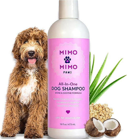 Dog Shampoo & Conditioner with Oatmeal, Aloe & Coconut 16 oz, All-in-One for Long, Curly, Short & Wavy Coats, Sensitive Skin, Sulfate & Paraben Free, Made in USA