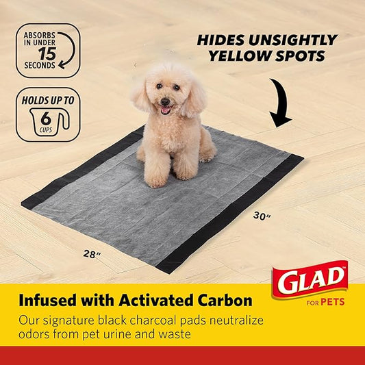 Glad for Pets Extra Large Charcoal Training Pads for Dogs and Puppies, Activated Carbon Odor Control, 6-Layer Absorbent Leak-Proof Pee Pads with Pheromone Attractant, 28 x 30 in, 30 Count - 2 Pack
