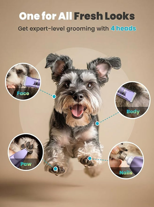 oneisall 4 in 1 Dog Grooming Kit with LCD Display, Dog Hair Trimmer for Paw Nail Grinder, Rechargeable Cordless Low Noise IPX7 Waterproof Pet Clippers Purple