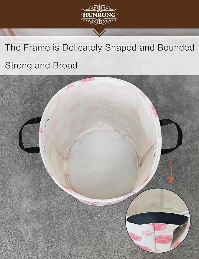 Collapsible Fabric Storage Basket, Waterproof Laundry Hamper with Handles, Round Storage Bin for Clothes Toys, Foldable Organizer for Bedroom Nursery Bathroom(Round-Pink Paw)