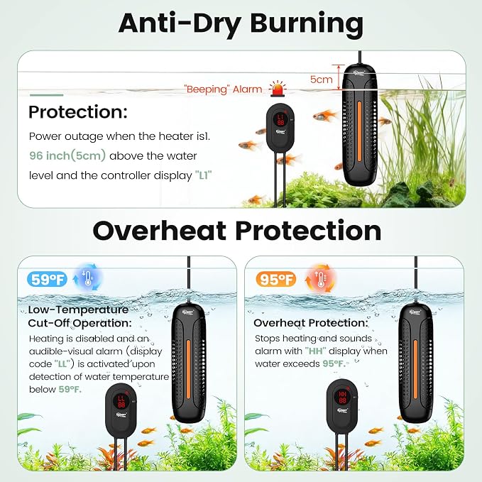 hygger 800W Aquarium Heater with Controller, Submersible Fish Tank Heater Intelligent Leaving Water Automatica Stop Heating and Overheat Protection, 80-220 Gal Turtle Heaters for Freshwater Saltwater