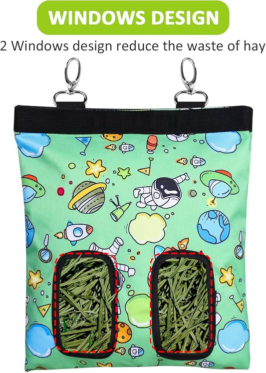 Rabbit Hay Feeder Bag Guinea Pigs Hanging Hay Rack Manger Holder Dispenser Small Animal Feeder Storage Pouch for Bunny Chinchilla Hamster (Pattern Green, 2 Windows)