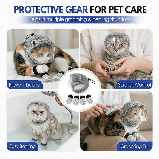 Cat Muzzle - Adjustable Anti-Bite Head Cover, Breathable Cat Grooming Helmet Mask with 4 Anti-Scratch Claw Covers for Nail Trimming, Injections & Bathing