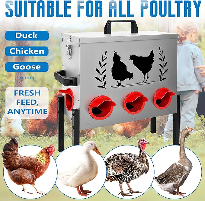 No Waste Automatic Chicken Feeder (50 LB), Rodent Resistant Metal Poultry Feeder with Locking Lid, Adjustable Stand & 8 Ports, Heavy Duty Weatherproof Feed Box for Hens, Ducks
