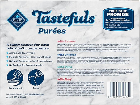 Blue Buffalo Tastefuls Purées Natural Cat Food Complement with 5 Ingredients, Chicken, Tuna, Beef, 3-oz Resealable Pouches, 12-ct Variety Pack