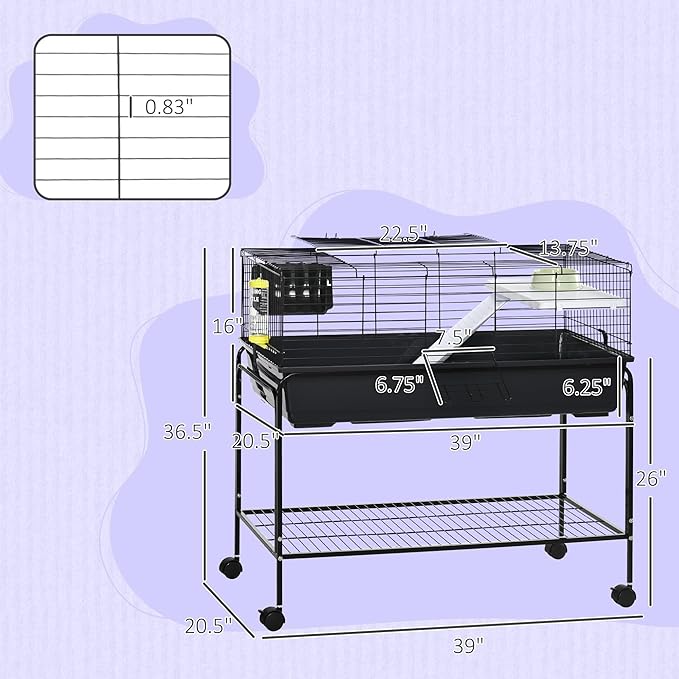 PawHut Two-Story Small Animal Cage Removable from Stand, Guinea Pig Cage with Shelf & Wheels, Pet Habitat for Hedgehog, Chinchilla, Ferret, 39" x 20.5" x 36.5", Black