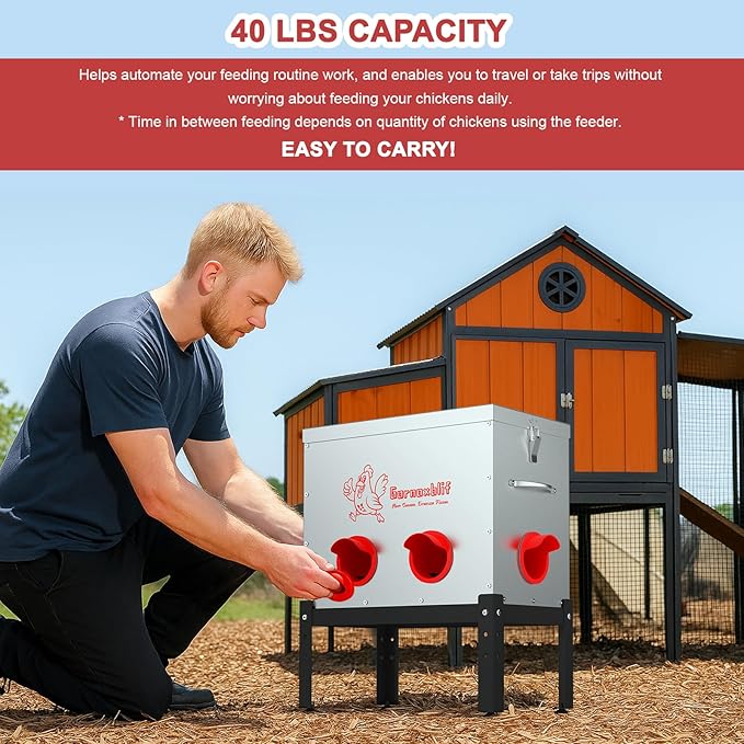 40 LB Large Automatic Chicken Feeder, 6 Port Metal Chicken Feeders, No-Waste Poultry Feeder with Adjustable Legs & Locking Lid, Weatherproof Large Chicken Feeder for Inside Chicken Coops