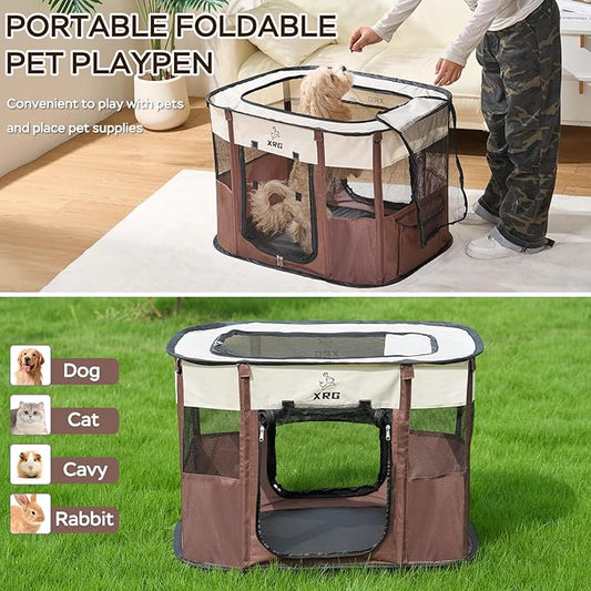 Portable Foldable Pet Playpen Collapsible Crates Kennel Playpen for Dog cat and Rabbit &Travel playpen Outdoor or Indoor (Medium（31.5" L x 23.6" W x 21.7" H）, Brown)