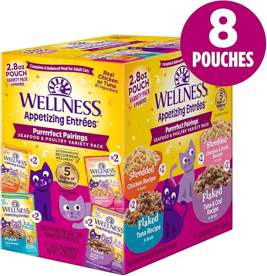 Wellness Appetizing Entrées Flaked, Shredded and Mousse Variety Pack Adult Wet Cat Food, Natural, Protein-Rich, Grain Free, Seafood & Poultry Recipes, 2.8 oz, Pack of 8 Pouches