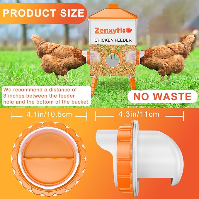 ZenxyHoC DIY Chicken Feeders No Waste, 4 Ports Poultry Feeder with Hole Saw for Buckets Troughs Orange