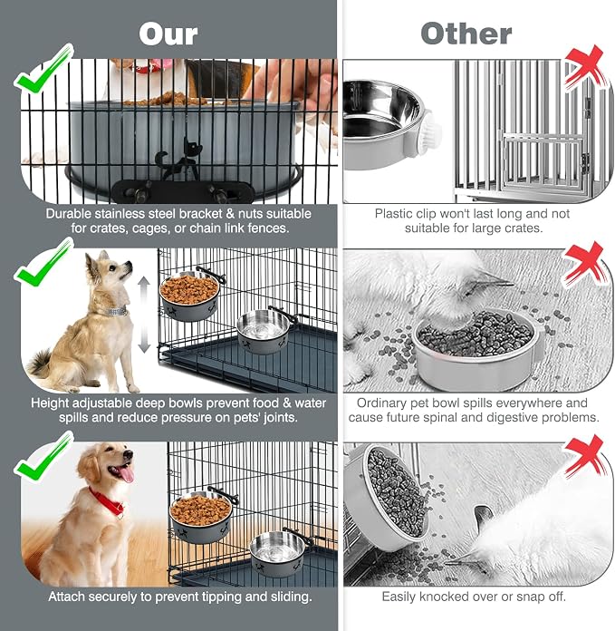 Dog Crate Bowls Hanging No Spill, Set of 2 Dog Crate Water Bowl, Mountable Stainless Steel Pet Cage Accessories Feeder Crate Water Food Dish Coop Cup for Cat Puppy Bunny Guinea Pig Ferret