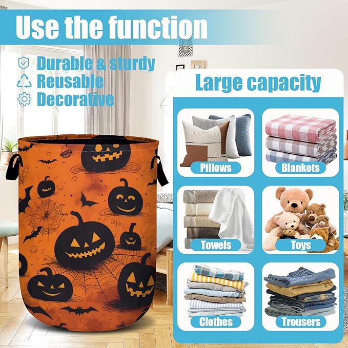 Spooky Pumpkin Laundry Basket, Halloween Laundry Hamper Collapsible Oxford Cloth with Handle Clothes Storage Bin for Bathroom Laundry Room Bedroom 15.7 X 20 Inch