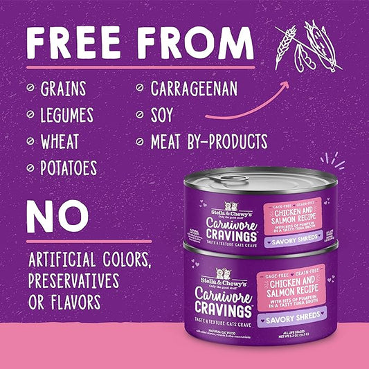 Stella & Chewy's Carnivore Cravings Savory Shreds Cans – Grain Free, Protein Rich Wet Cat Food – Cage-Free Chicken & Wild-Caught Salmon Recipe – (2.8 Ounce Cans, Case of 24)