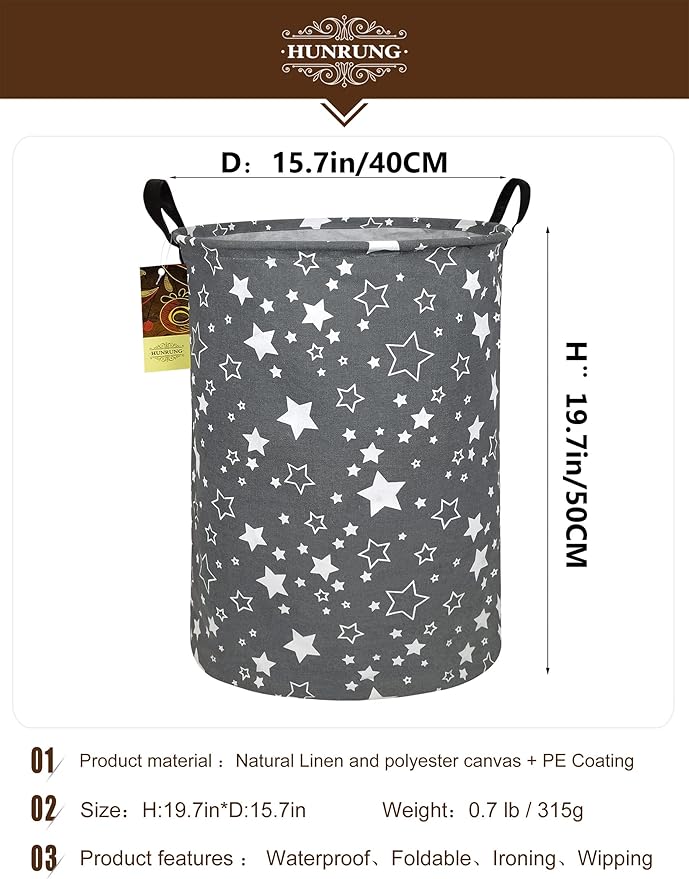 Laundry Hamper,Large Canvas Fabric Lightweight Storage Basket Toy Organizer Dirty Clothes Collapsible Waterproof for College Dorms, Children Bedroom,Bathroom（Round star）