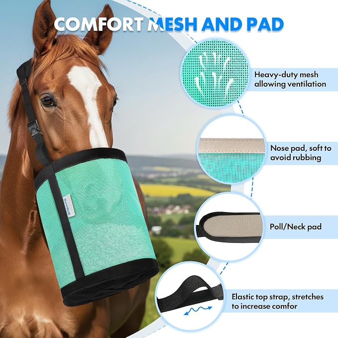 Horse Feed Bag Pack of 2 (Reinforced Bottom Edging), Feed Bags for Horses with Ventilation Mesh, Comfort Nose Pad Neck Pad, Adjustable Strap, Spill Proof Design for Feeding Grain, Supplements