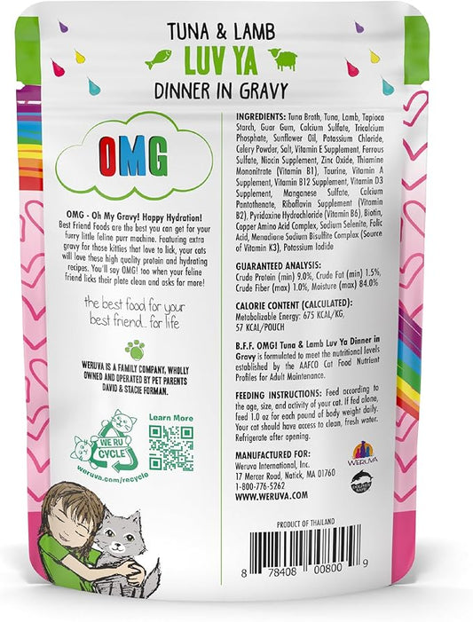 Weruva B.F.F. OMG - Best Feline Friend Oh My Gravy!, Tuna & Lamb Luv Ya with Tuna & Lamb in Gravy Cat Food, 3oz Pouch (Pack of 12)