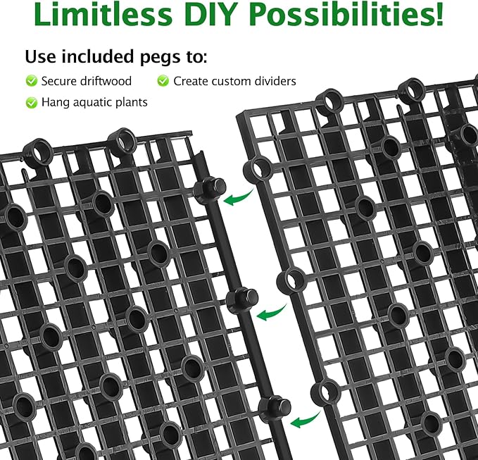 12pcs Aquarium Fish Tank Divider Filter Bottom with Bracket, Plastic Egg Crate Grid (11.6X5.7inch) for Fish Tank Separation, Bottom Filtration & DIY Aquascaping (Black, 72 Brackets)