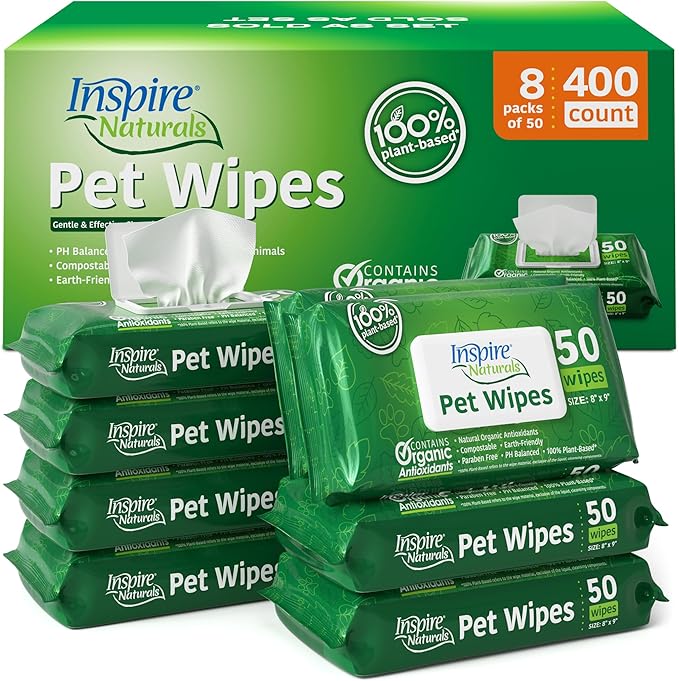 Inspire Naturals Pet Wipes for Dogs and Cats 100% Natural Plant Based with Organic Antioxidants, Dog Wipe Cleaning Deodorizing | Puppy Wipes | Dog Wipes for Paws and Butt (400ct - 8 Pack)