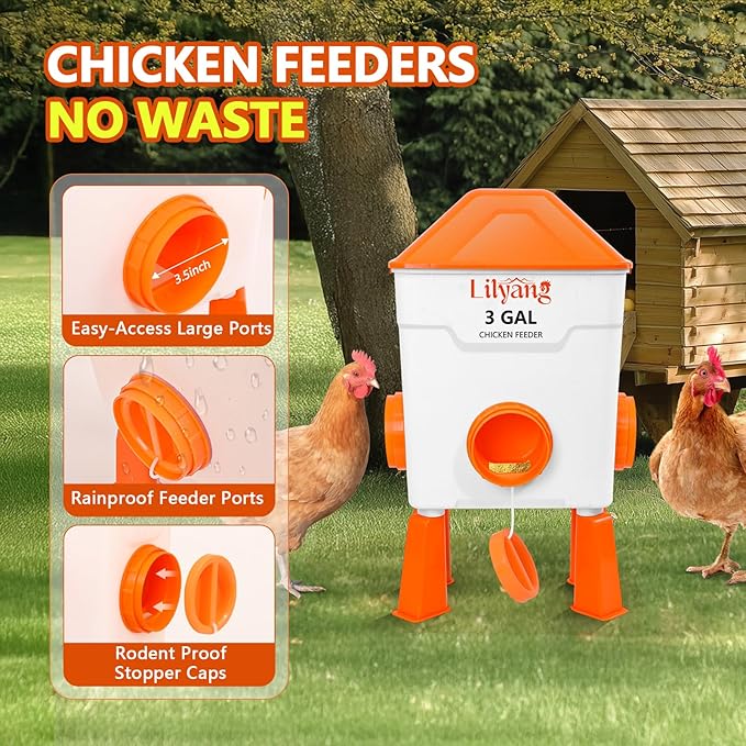 Lilyang Chicken Feeder and Waterer Set 3 Gallon, Automatic No-Waste Feeder, Large Poultry Waterer with 2.75'' Cups, Standing or Hanging Use, Feed Chickens & Ducks