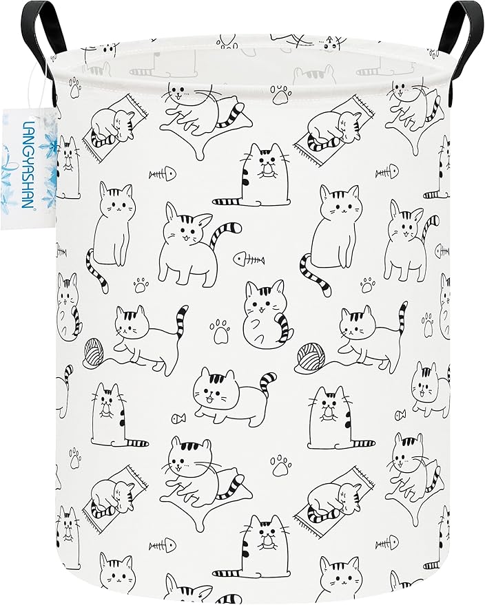 Laundry Basket Canvas Fabric Collapsible Organizer Basket for Storage Bin Toy Bins Gift Baskets Bedroom Clothes Children Nursery Hamper (Cat)