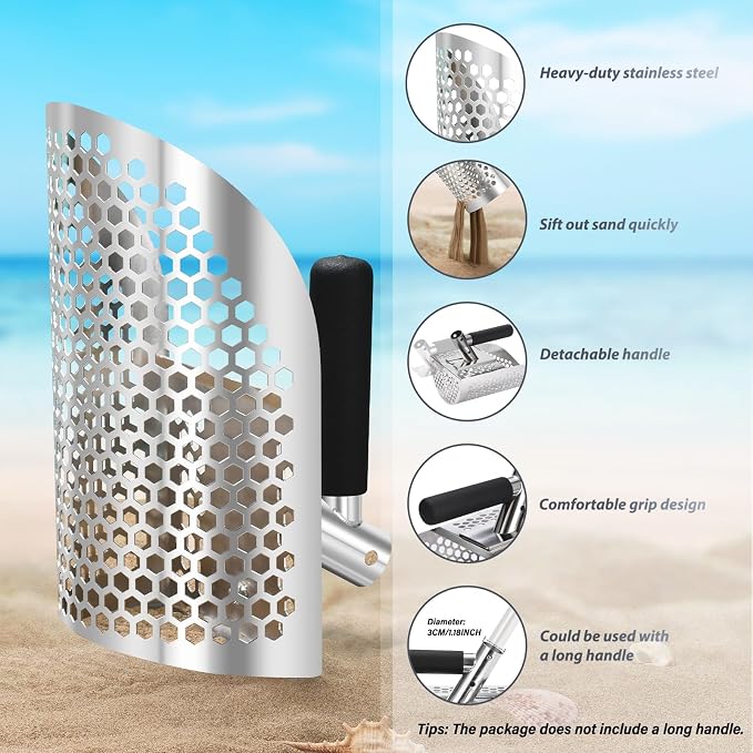 GADFISH Sand Scoop for Metal Detecting, Heavy Duty Metal Detector Beach Finds Scoop, Stainless Steel Metal Detecting Tool Digging Shovel Fast Sifting Stainless Steel Shovel