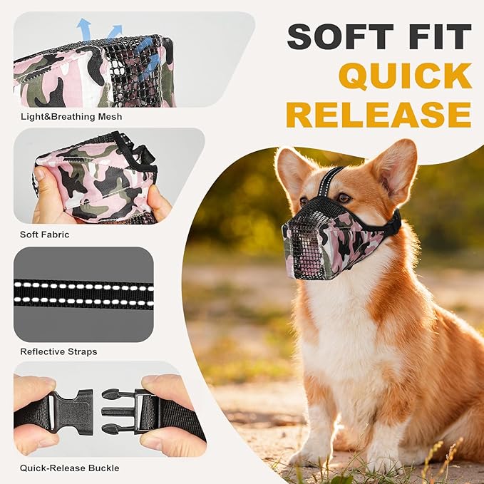 Mesh Dog Muzzle, Breathable Soft Dog Muzzle with Reflective Straps for Secure Fit, Prevents Biting, Chewing Scavenging- Adjustable for Small Medium Large Dogs,Pink,M