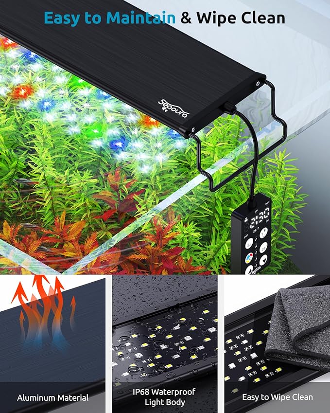 SEAOURA LED Aquarium Light, 24/7 Custom Timer, Power-Off Memory,7-Row LED 12-18in Full Spectrum Fish Tank Light, 8 Colors, 20 Brightness, Day&Night Cycle, Adjustable Mount for Freshwater Plant Growth