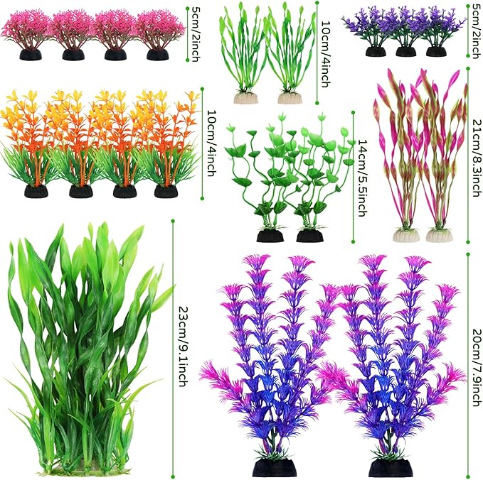 QUOZUO Fish Tank Decorations Plants, 20pcs Aquarium Decorations Plants Plastic, Fish Tank Accessories, Fish Cave and Hideout Ornaments, Aquarium Decor