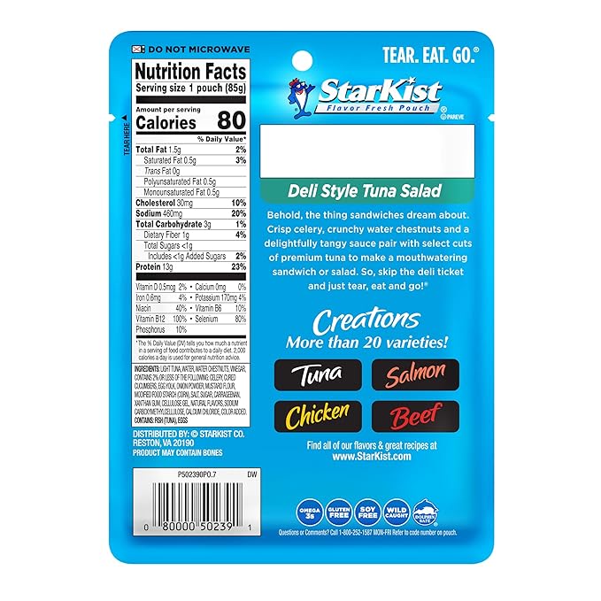 StarKist Tuna Creations Deli Style Tuna Salad Pouch (3 oz - 12 Pack) Wild Caught, High Protein Shelf Stable Seafood, Gluten Free, Soy Free, No Draining, Ready to Eat for Salads and Sandwiches