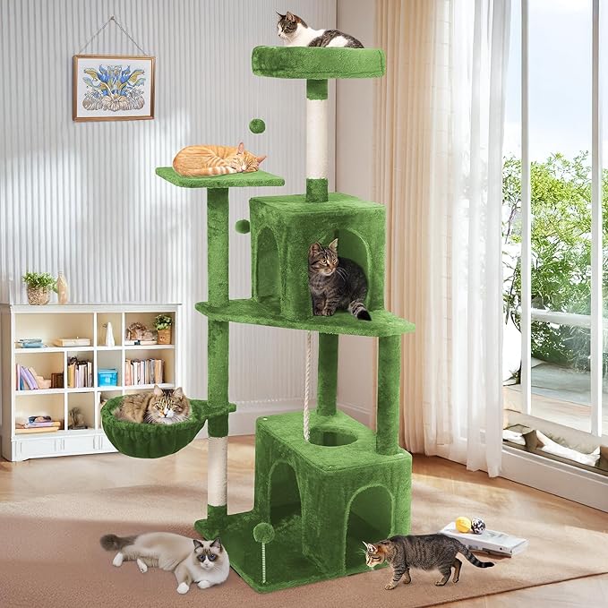 54-Inch Cat Tree Tower with 2 Caves & 2 Pompoms - Multi-Level Tower for Indoor Cats, Soft Plush Condo with Scratching Posts - Sturdy Base for Large Cats(Green)