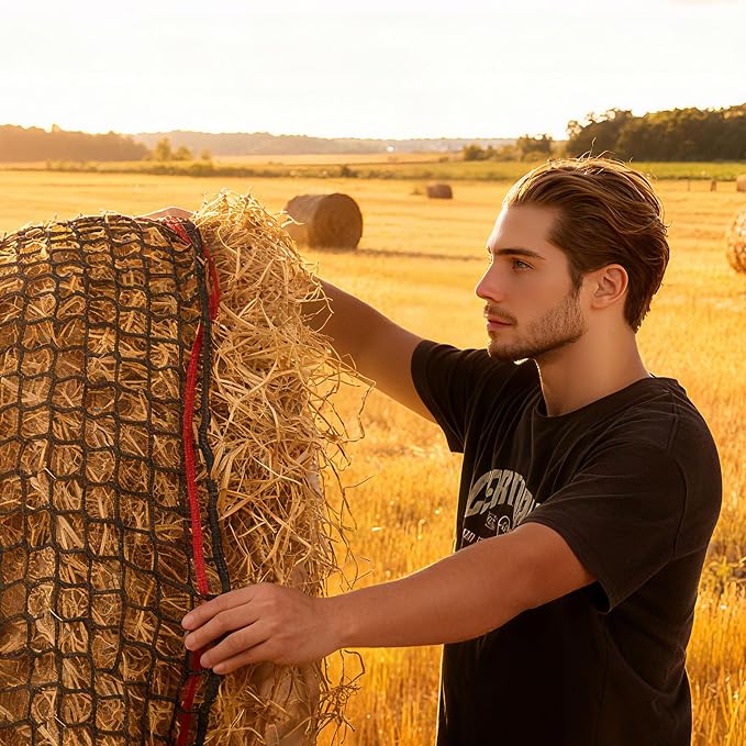 VEVOR Round Bale Hay Net, 4.92 x 4.92 x 4.92 ft, 1.65 inch Holes, PE Material, Knotless Design, with Self-Locking Zip Ties, Needle Shuttle, and Repair Twine, Slow Feeder Round Bale Net for Horses