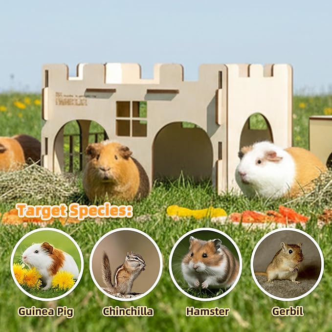 HIIMALEX Sturdy Guinea Pig Hideout Wooden Castle for Guinea Pig Chinchilla Hedgehog Gerbil Hamster Rat House Habitat for Playing and Hiding (GPT26)