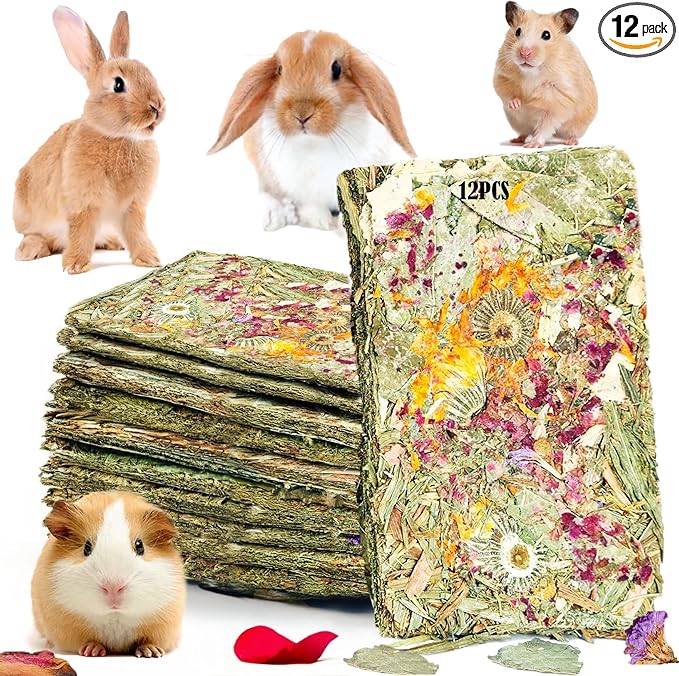 Rabbit Toys 12pcs Bunny Toy Guinea Pig Treats Timothy Hay Chew Toys Chips with Herbal Flowers Hamster Snacks Chinchillas Gerbils for Teeth Apple Sticks Sweet Bamboo