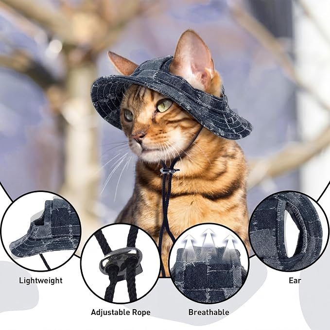 QBLEEV Cat Hats for Cats Only, Sphynx Hat with Ear Hole, Summer Cowboy Hats | Breathable kitten headwear mini sun sombrero caps, pet chihuahua sunscreen baseball outdoor climbing cap for birthday party