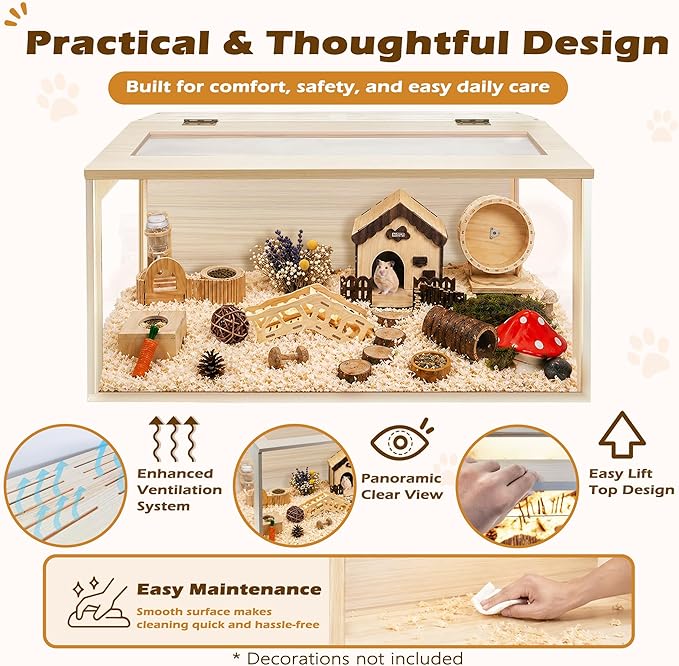 PROLEE Hamster Cage with Chewproof Wood Top, Guinea Pig Cages, Hamster Habitat with Clear Acrylic Sheets Solid Built, Small Animal Cage (Oak, 32X15.5X15.5 inch)
