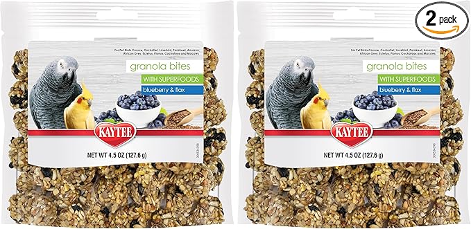Kaytee Granola Bites with Super Foods Granola Bites and Flax for Pet Birds Conure, Cockatiel, Lovebird, Parakeet, Amazon, African Grey, Ecletus, Pionus, Cockatoos and Macaws, 4.50 Ounce (Pack of 2)
