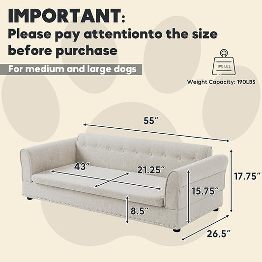 55" Dog Sofa for Medium to Large Dogs, Button Tufted Dog Couch Bed with Backrest and Armrests, Durable Memory Foam Pet Bed, Removable Cushion for Medium and Large Dogs,Beige